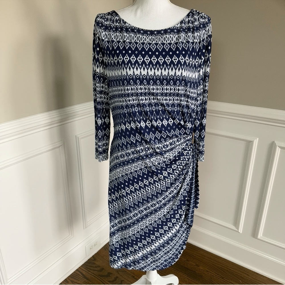Tahari ASL Blue and White Geometric Print MIDI Dress Size 14